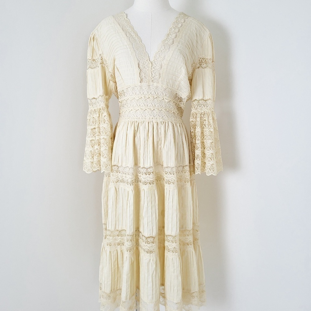 1970's Mexican Wedding Dress Cream Midi Long Sleeve Lace Pleats V-neck Tiered - Picture 2 of 16